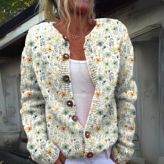 Warme Vest Met Bloemenprint En Knopen Voor Dames