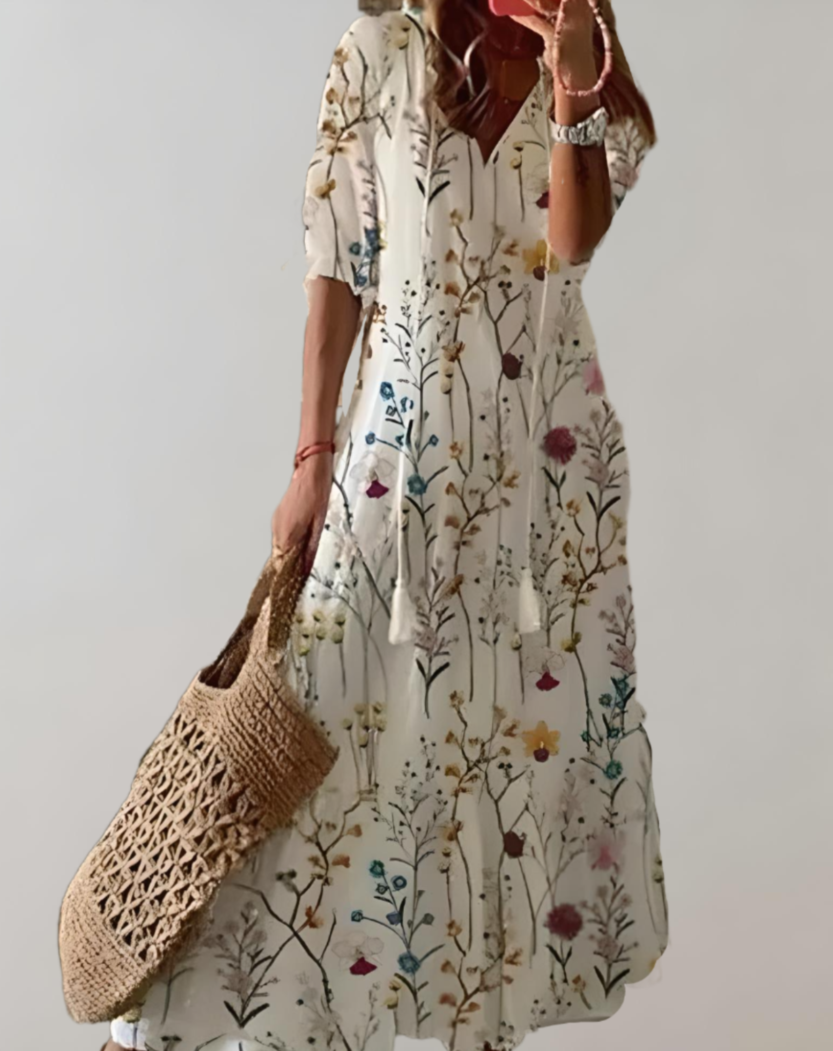 bohemian maxi-jurk met bloemenprint, halve mouwen en een verstelbaar koordje