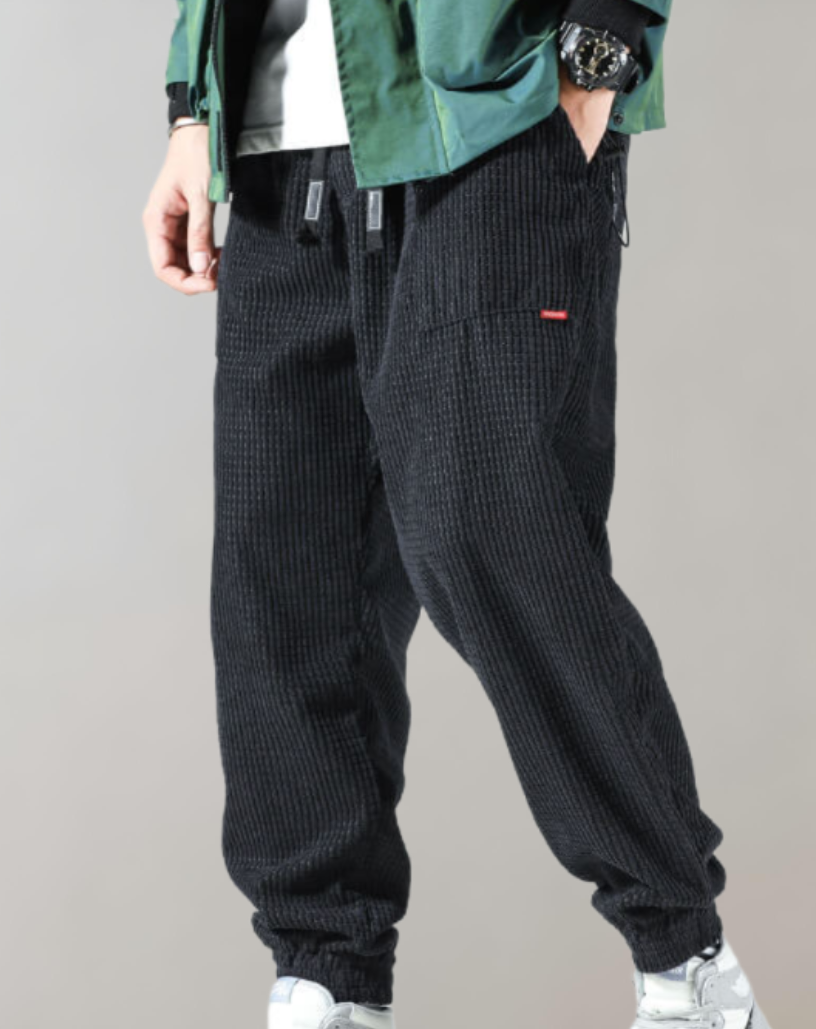 comfortabele loszittende corduroy jogger met elastische taille en zakken