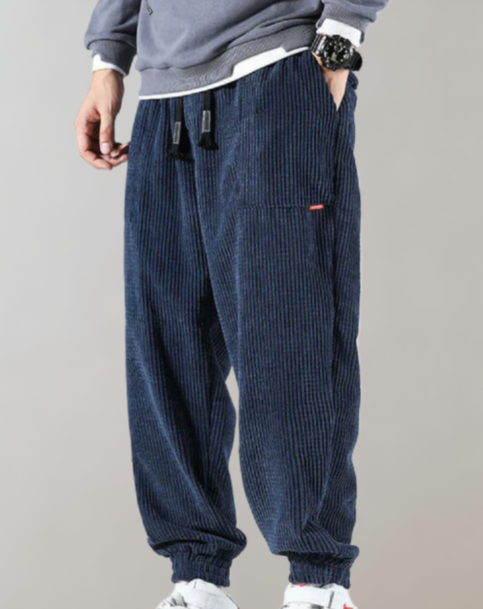 comfortabele loszittende corduroy jogger met elastische taille en zakken