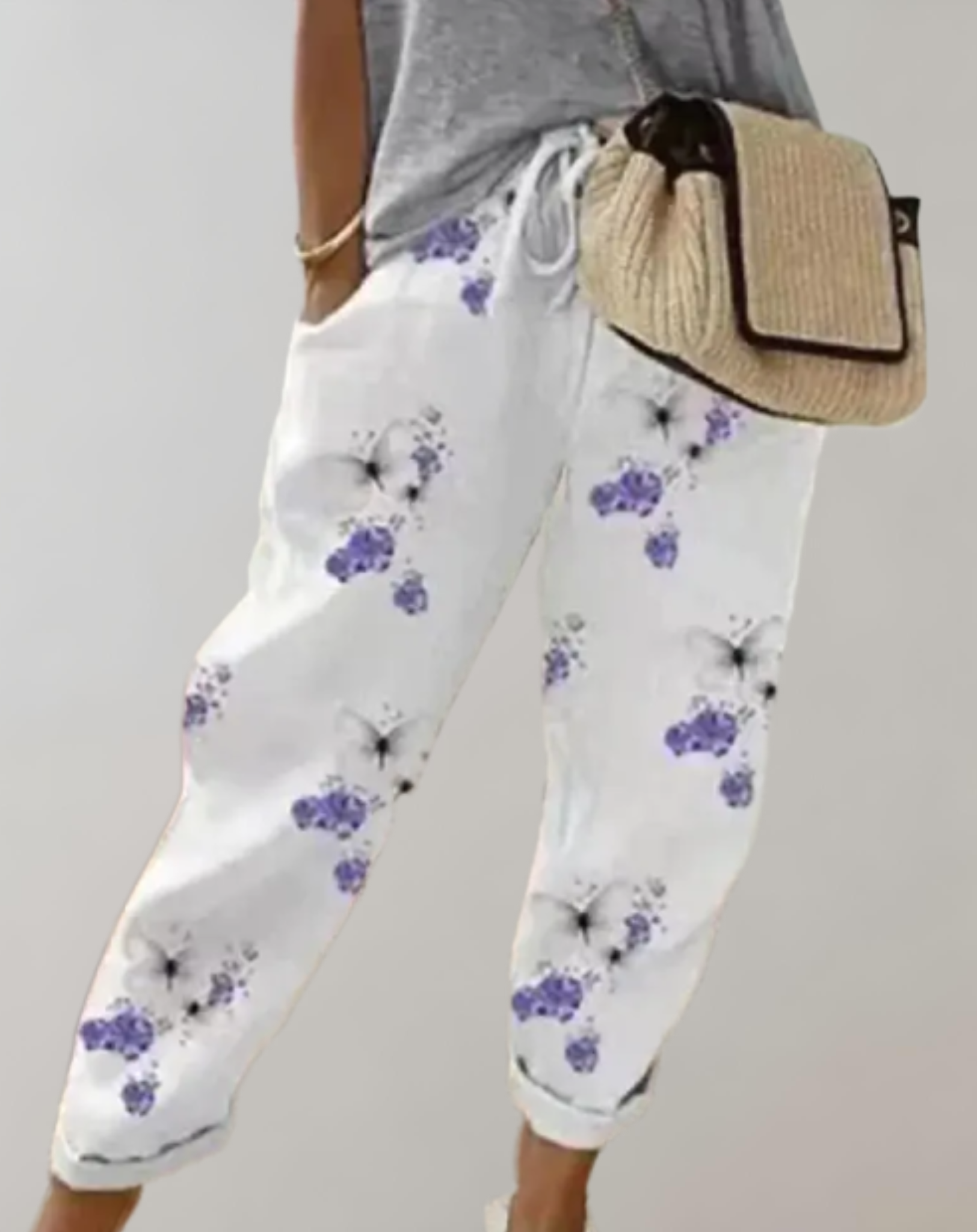 High-waisted broek met stropdas zijzakken en verschillende design prints