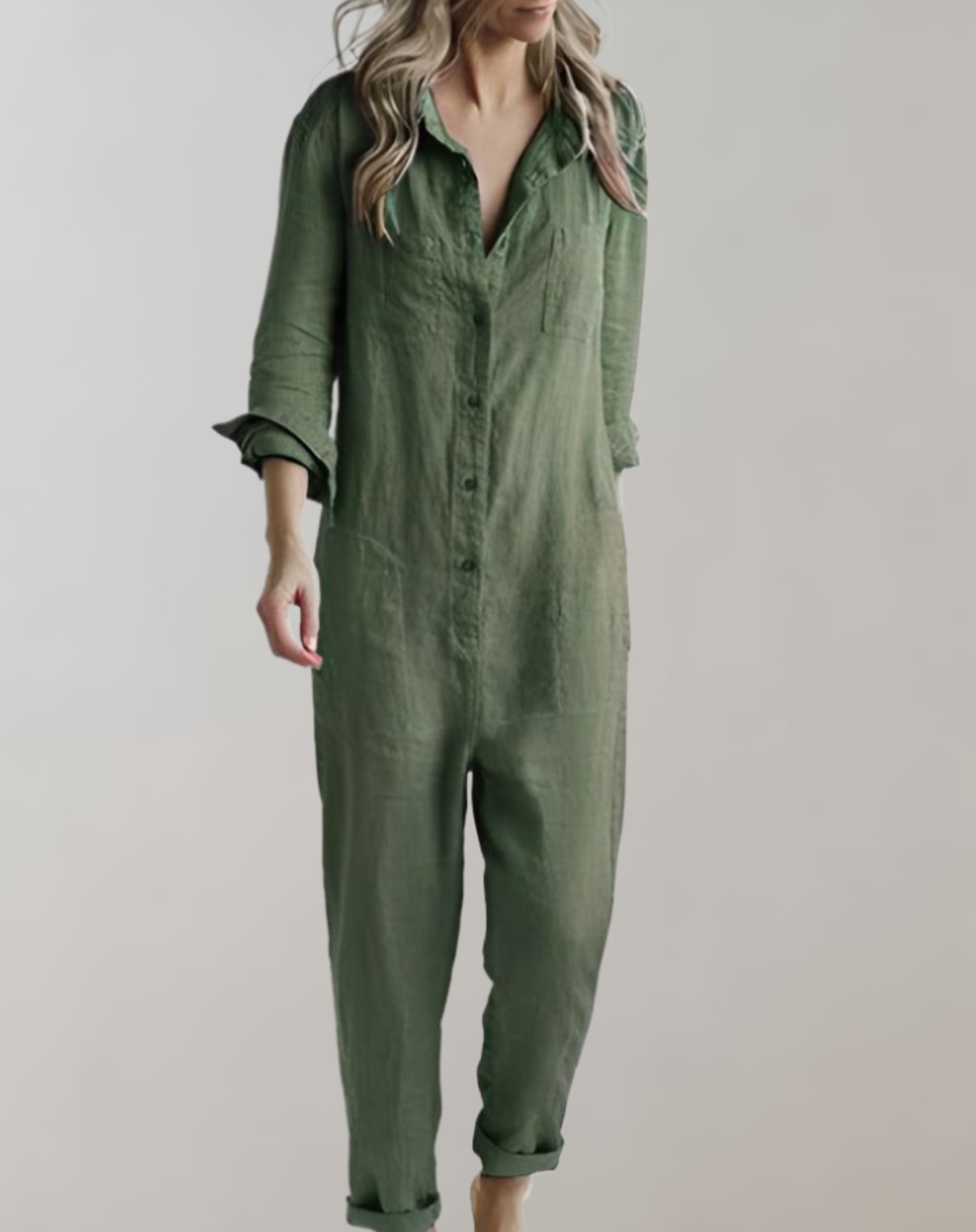 jumpsuit met losse polokraag, lange mouwen, knoopsluiting en meerdere zakken