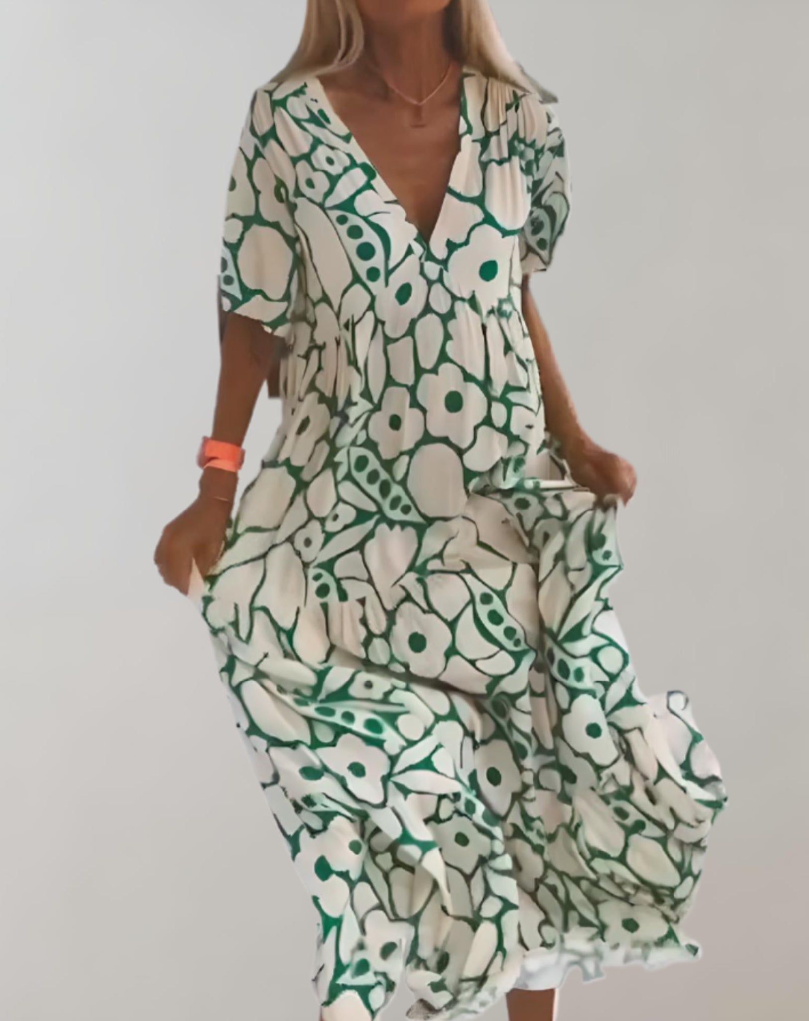 Bohemian maxi-jurk met v-hals en bloemenprint.