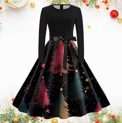 Vintage Kerstjurk met Kerstboomprint | Elegante Feestjurk voor Dames