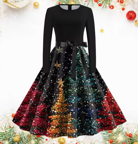 Vintage Kerstjurk met Kerstboomprint | Elegante Feestjurk voor Dames