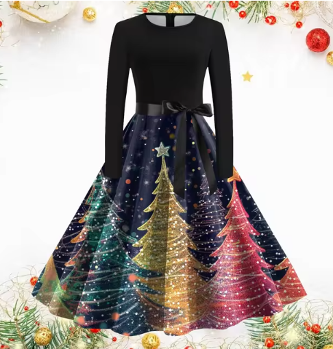 Vintage Kerstjurk met Kerstboomprint | Elegante Feestjurk voor Dames