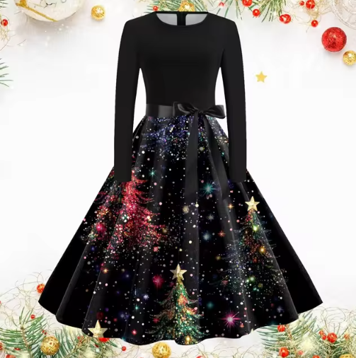 Vintage Kerstjurk met Kerstboomprint | Elegante Feestjurk voor Dames