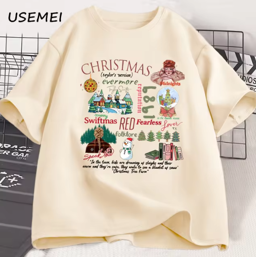 Retro Kerst T-Shirt met Vintage Illustraties - Perfect voor Feestdagen!