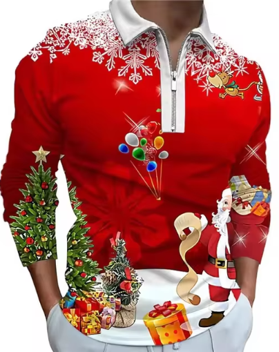 Kerstmis Heren Sweater - Stijlvolle Rode Trui met Feestelijke Print en Ritssluiting