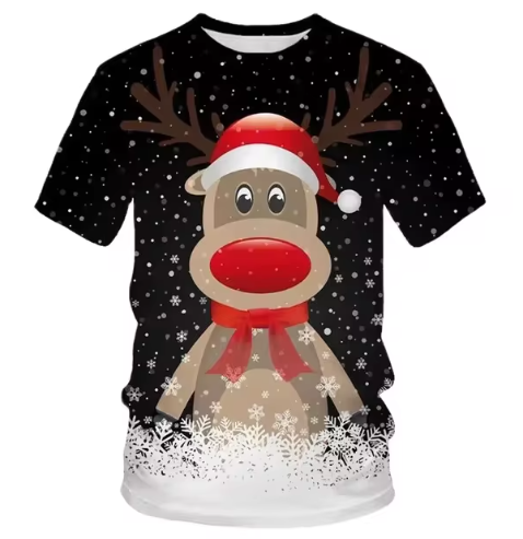 Kerstmis Heren T-shirt - Rode Feestelijke Print met Schattige Rendierdesign