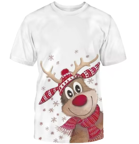 Kerstmis Heren T-shirt - Rode Feestelijke Print met Schattige Rendierdesign