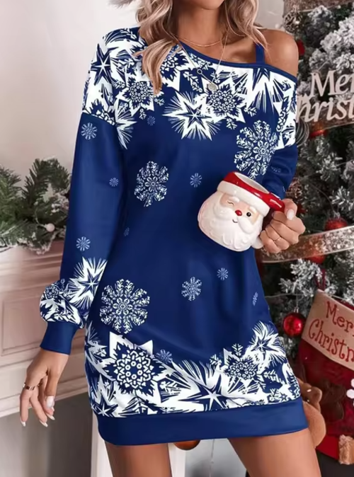 Off-Shoulder Kerstjurk met Sneeuwvlokprint - Comfortabel en Stijlvol voor de Feestdagen