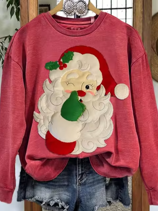 Kersttrui met Schattige Kerstman Print –  Dames Sweatshirt