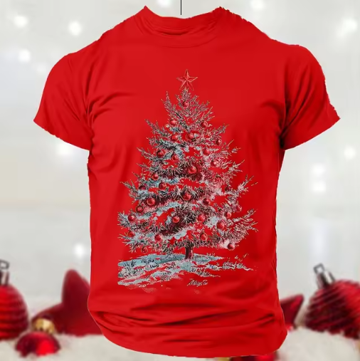 Kerst T-shirt met Feestelijke Kerstboomprint - Comfortabel & Stijlvol in Rood