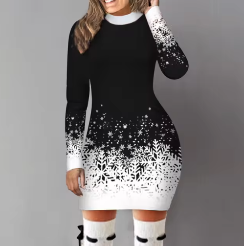 Kerstjurk Dames - Winterjurk met Sneeuwvlok Print - Perfect voor de Feestdagen