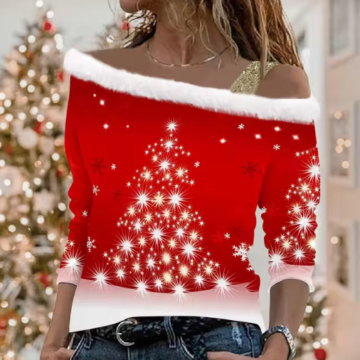 Kersttrui met Off-Shoulder Design  | Feestelijke Pullover met Glinsterende Kerstboom