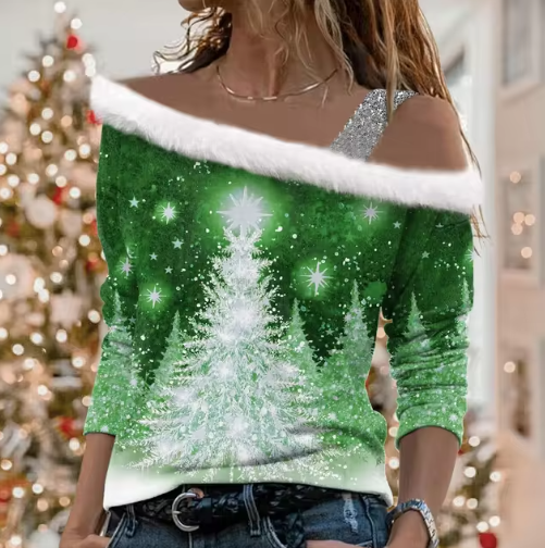 Kersttrui met Off-Shoulder Design  | Feestelijke Pullover met Glinsterende Kerstboom