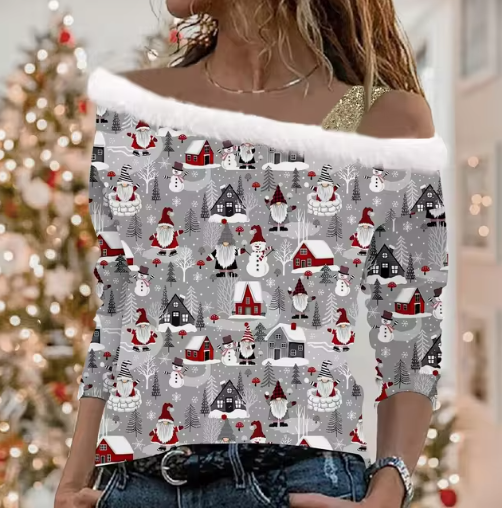 Kersttrui met Off-Shoulder Design  | Feestelijke Pullover met Glinsterende Kerstboom