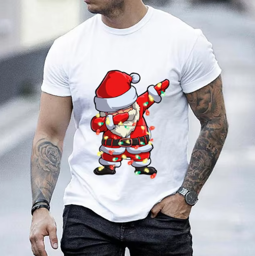 Kerst T-shirt Heren  | T-shirt met Dab Dansende Kerstman en Kerstverlichting