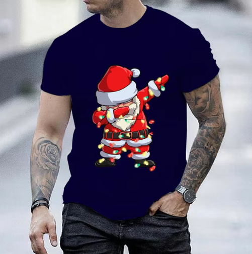 Kerst T-shirt Heren  | T-shirt met Dab Dansende Kerstman en Kerstverlichting