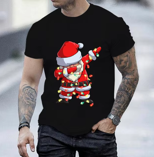 Kerst T-shirt Heren  | T-shirt met Dab Dansende Kerstman en Kerstverlichting