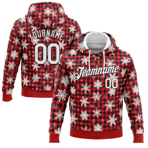 Personaliseerbare Kerst Hoodie | Geruite Hoodie met Sneeuwvlokken en Eigen Naam