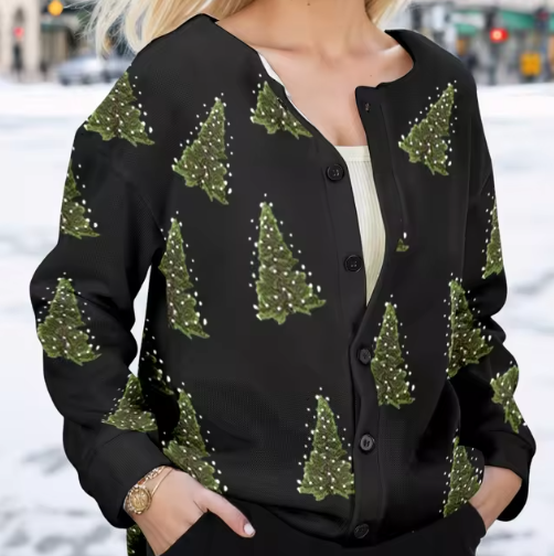 Kerst Cardigan Dames  | Knitted Vest met Kerstboom Print