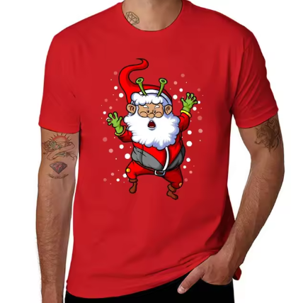 Kerst T-shirt Heren - Rode Santa Alien Print - Grappig en Uniek Feestshirt