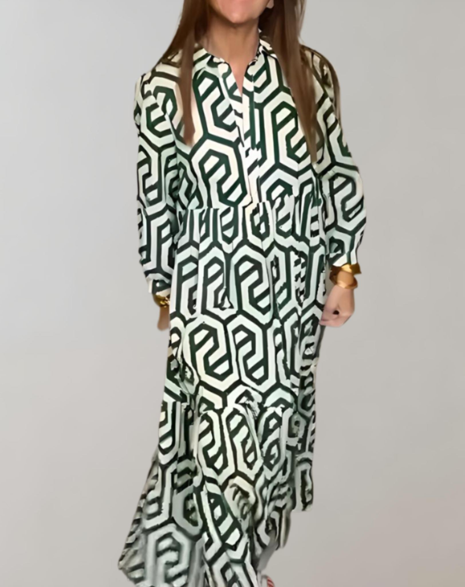 Geometrisch patroon in 2 tinten, bohemian maxi-jurk met lange mouwen