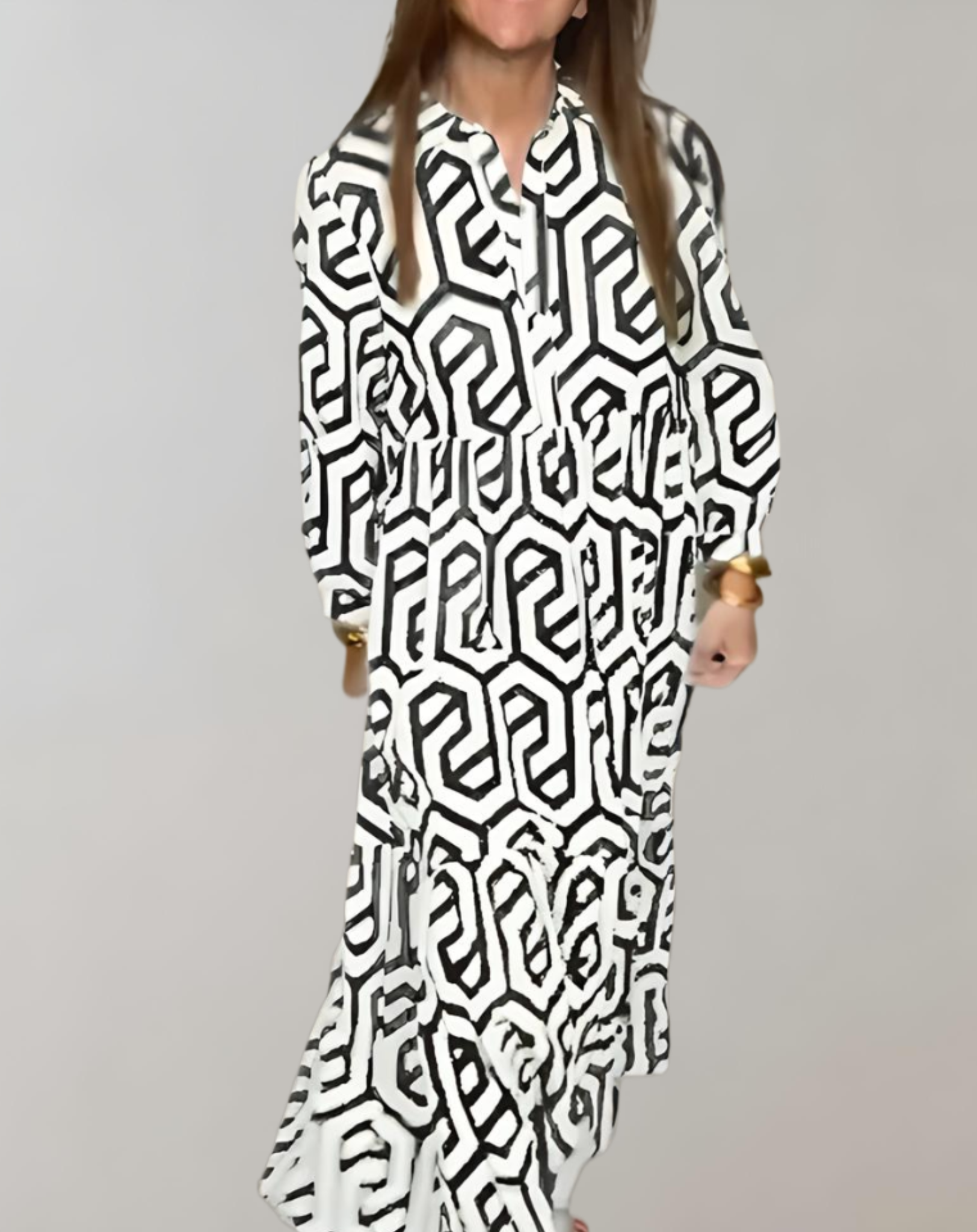 Geometrisch patroon in 2 tinten, bohemian maxi-jurk met lange mouwen