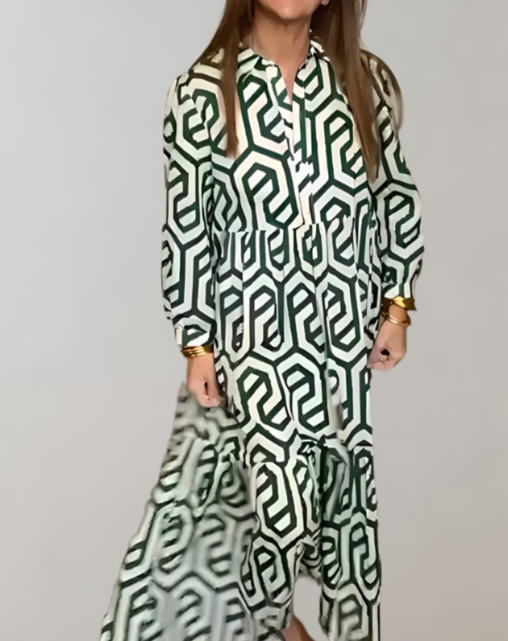 Geometrisch patroon in 2 tinten, bohemian maxi-jurk met lange mouwen