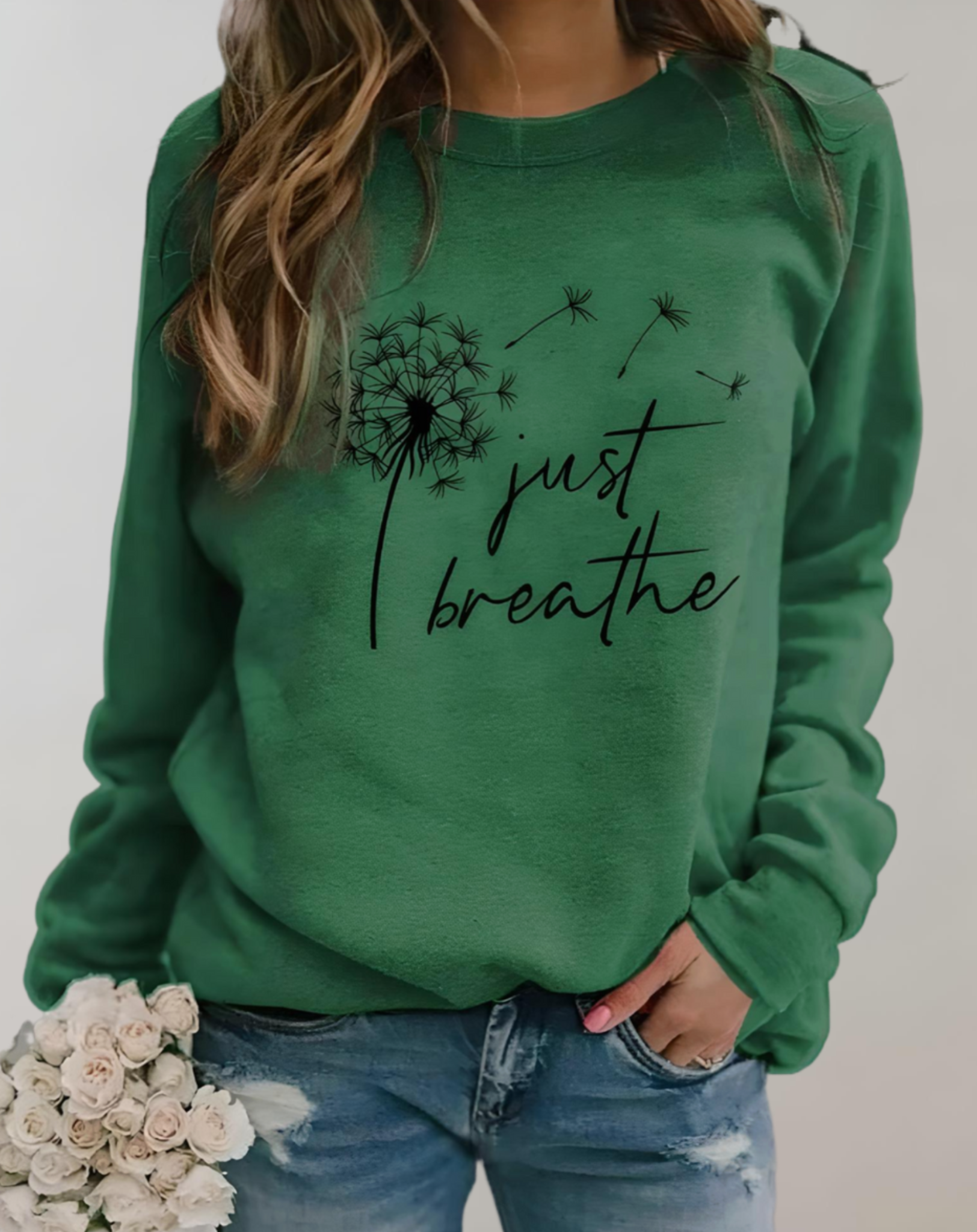 Oversized sweater met ronde hals, just breath statement en print op de voorkant