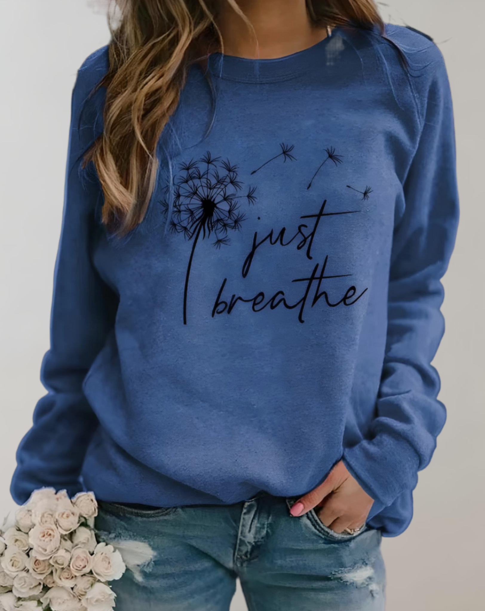 Oversized sweater met ronde hals, just breath statement en print op de voorkant