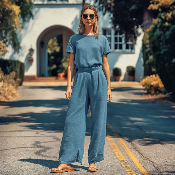 2-delige set met losse blouse wijde en korte mouwen met bijpassende hoge taille en broek met wijde pijpen