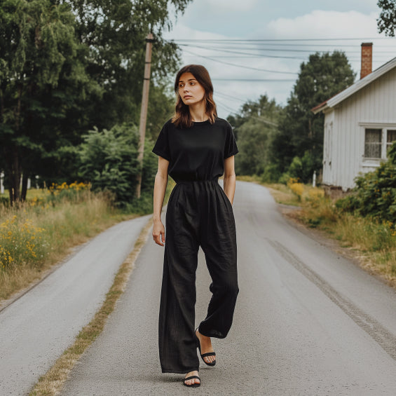 2-delige set met losse blouse wijde en korte mouwen met bijpassende hoge taille en broek met wijde pijpen