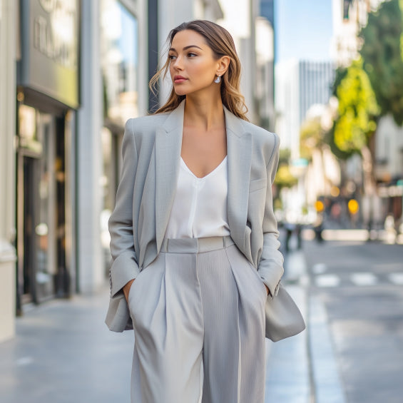 2-delige set van een single breasted blazer met ingekeepte kraag gecombineerd met een broek met wijde pijpen