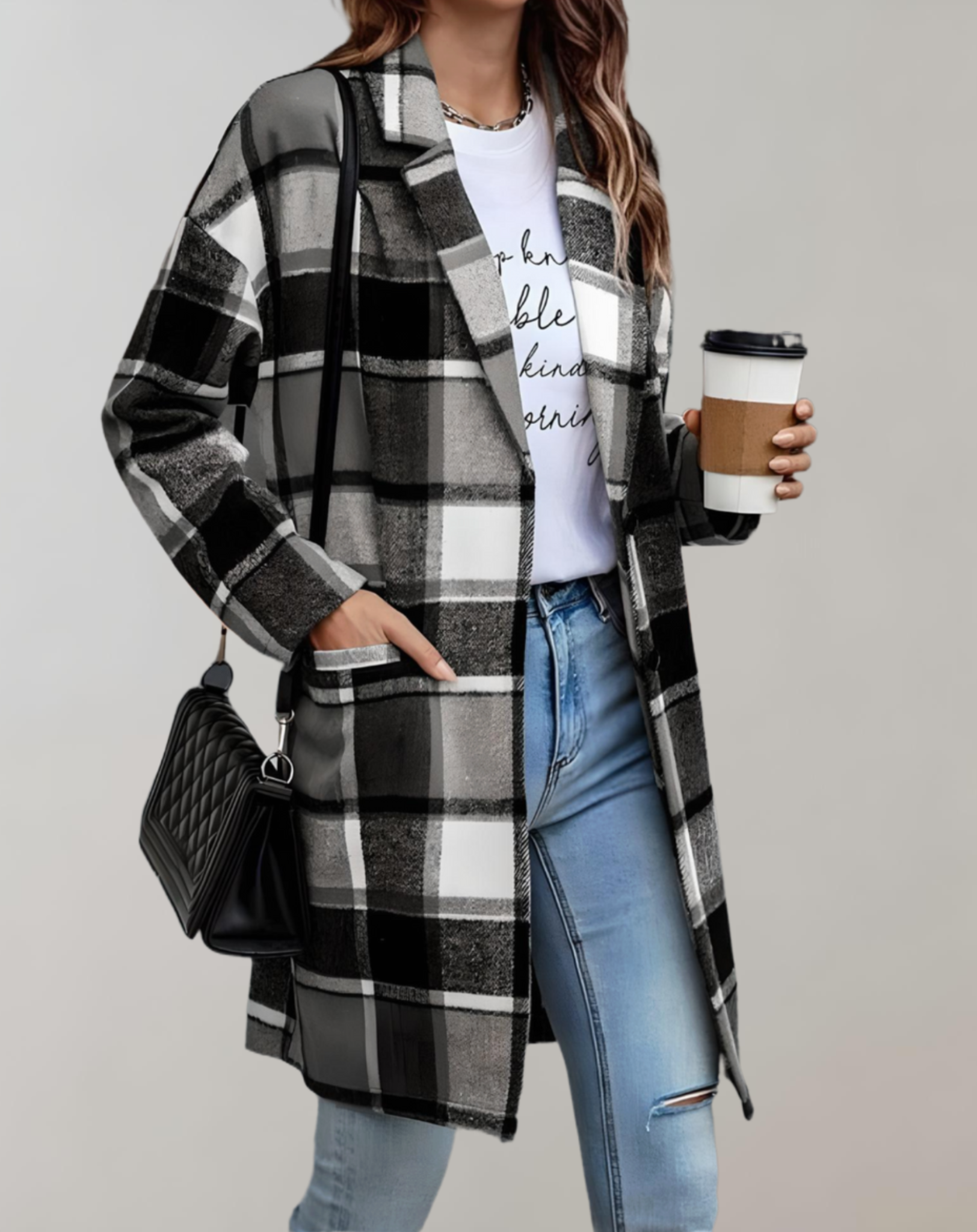 Oversized en lang geruit jack met zijzakken